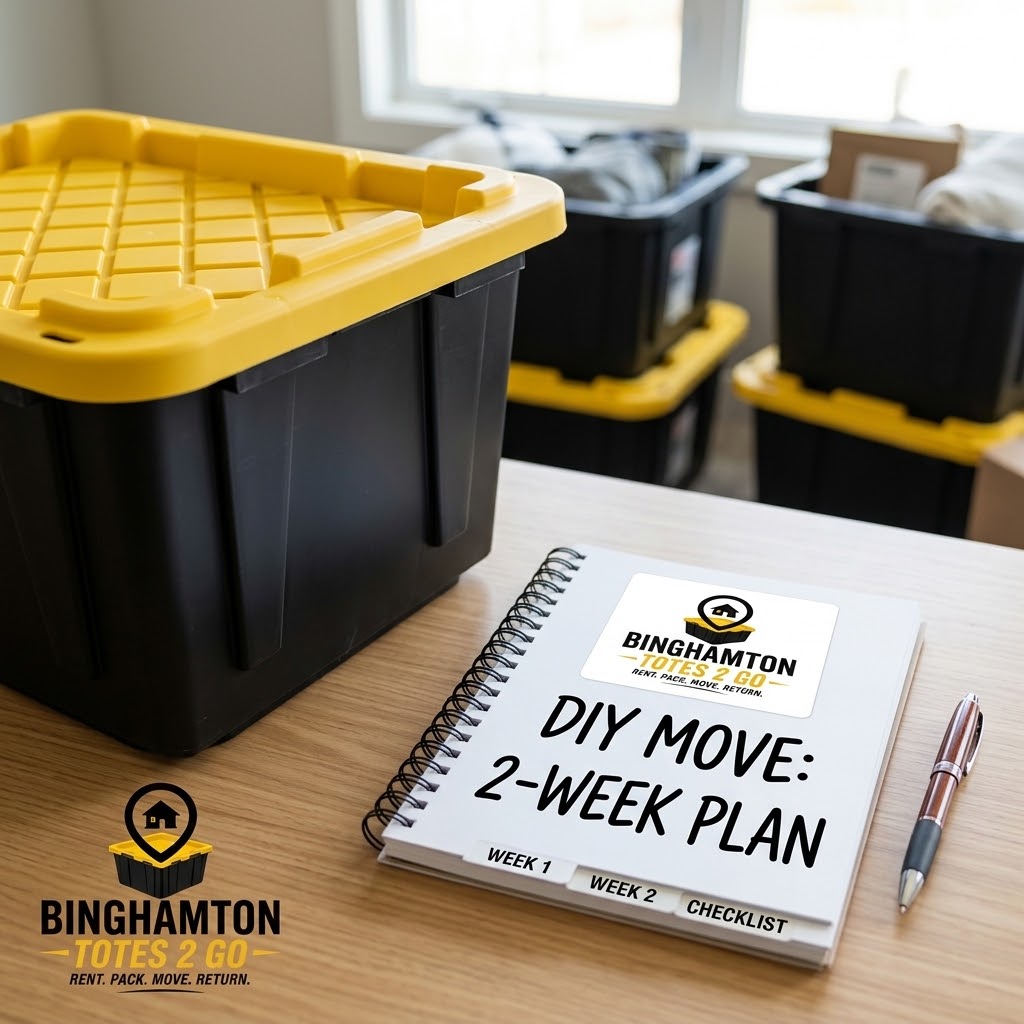 Two-week DIY move plan notebook next to stacked rental totes
