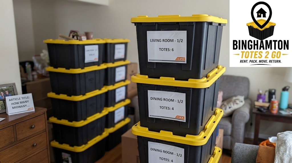 Stacks of labeled 27-gallon moving totes sorted by room in a living room