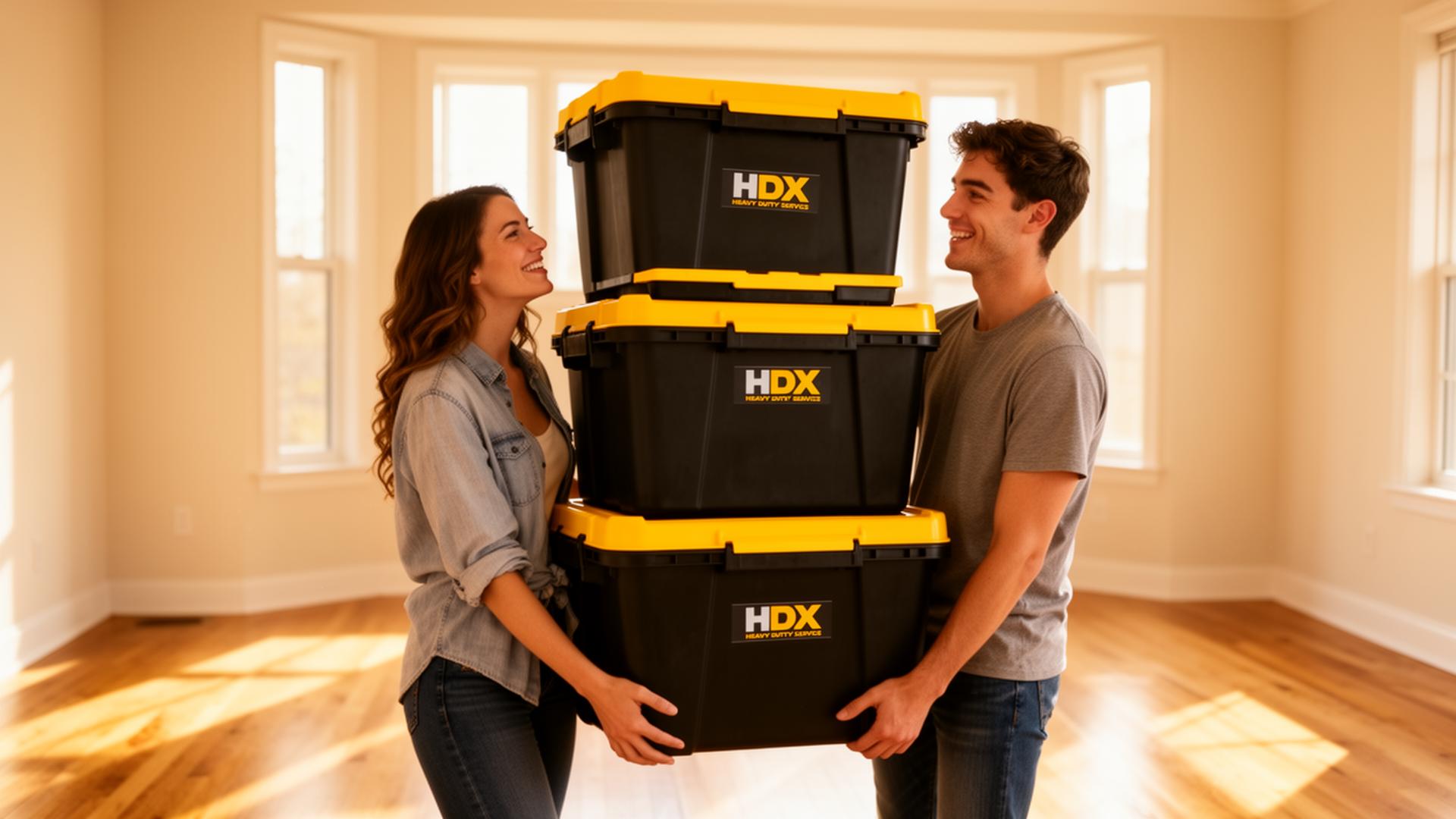Couple carrying a stack of black and yellow reusable HDX moving totes from Binghamton Totes 2 Go in a sunlit Binghamton, NY apartment on moving day
