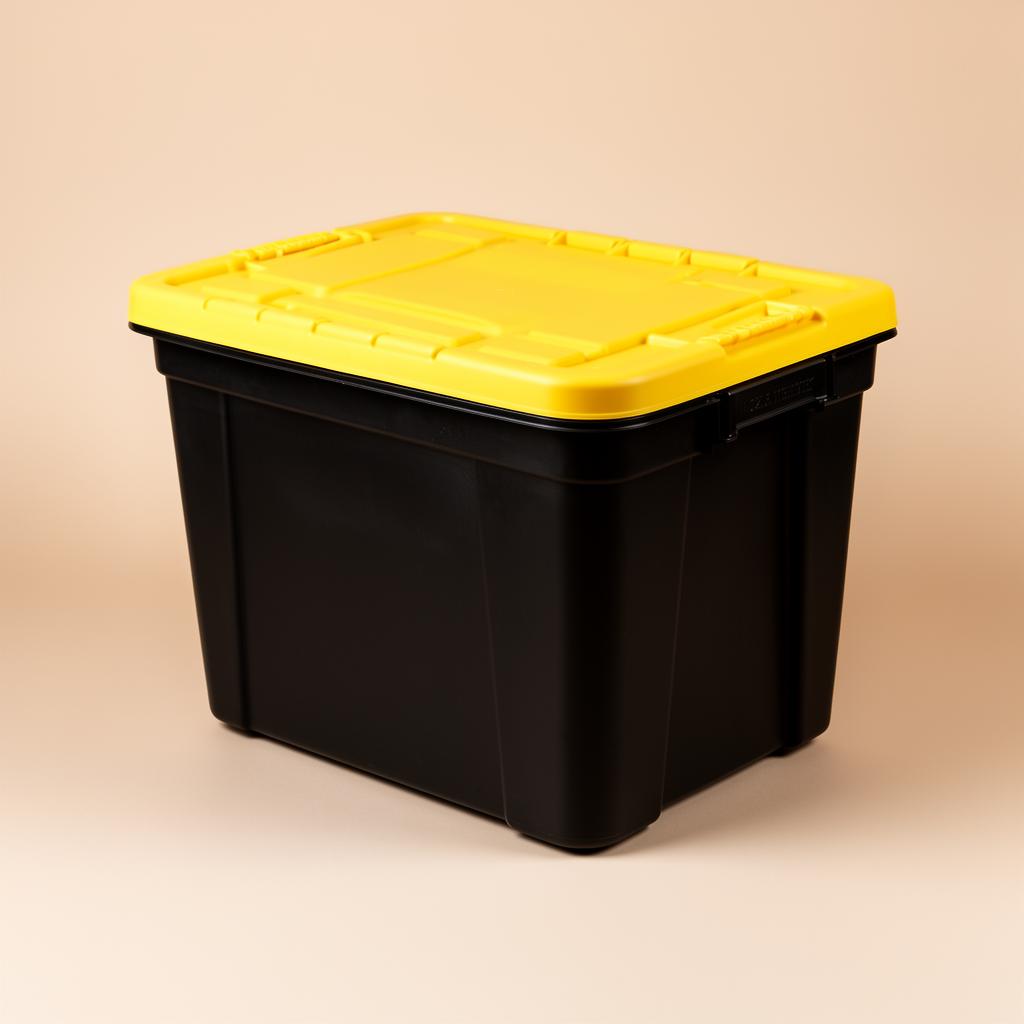 27-gallon black HDX heavy-duty rental moving tote with yellow snap-on lid — stackable, waterproof reusable moving box delivered in Binghamton, NY